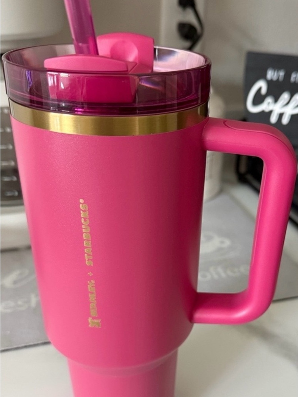 Stanley Pink Travel Tumbler with Gold Logo
